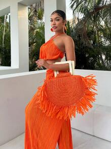 SHEIN SXY Beach;Holiday Style Ultra-Cut Off Halter Top With Twist Front Waist And Ultra-Loose Trousers Summer Two Pieces Outfits Boho Women Clothing - Orange - View 3