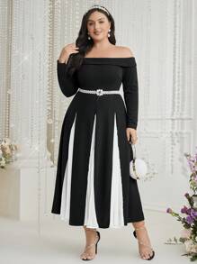 Modelyn Plus Size Women's Off-Shoulder Long Sleeve Color Block Dress - Black and White - View 4