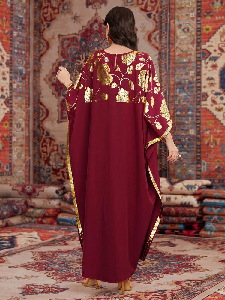 Women's Batwing Sleeve Kaftan Dress With Gold Foil Print, Woven Belt, And Tassel Detail, Elegant Evening Party Dress