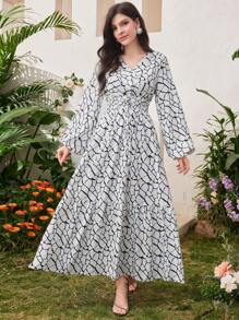 Modelyn 女式全印花灯笼袖阿拉伯连衣裙 - 黑與白 - 查看 1