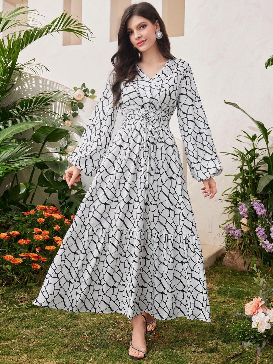 Modelyn 女式全印花灯笼袖阿拉伯连衣裙 - 黑與白 - 查看 1