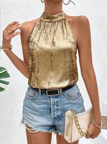 Chiquease Áo ba lỗ cổ khoét lưng kim loại cho mùa hè, trang phục dự tiệc ngày lễ - Vàng - Xem 1
