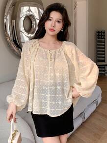 DAZY Quý cô Textured Lỏng lẻo phù hợp Buộc Tay áo Tay áo dài Áo sơ mi - Màu be - Xem 4