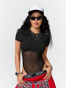 Coolane Women's Summer Knit & Mesh Bodysuit Bodysuit - Black - View 7