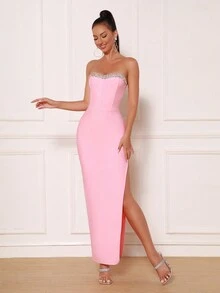 Modphy 镶钻装饰无肩带开衩高腰抹胸伴娘礼服、派对绷带裙、婚礼宾客礼服、正式礼服、晚礼服