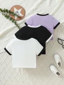 SHEIN Young Girls' Multiple Pieces Set Of Color-Blocked Short-Sleeved T-Shirt With Digital Print, Spring/Summer - Multicolor - View 2