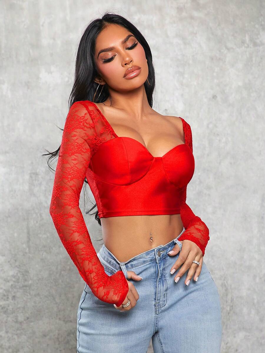 SHEIN SXY Top Corto Femenino Con Escote Corazón - Rojo - Ver 1