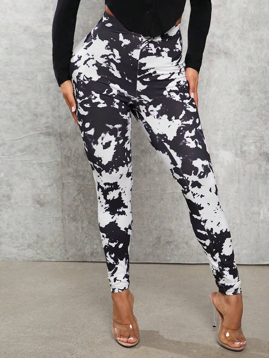 SHEIN SXY Ladies' Knitted Tie Dye Printed Pants - Black - View 1