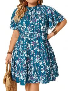 SHEIN Clasi Vestido De Talla Grande Con Estampado Floral Y Borde Con Volantes - Verde Oscuro - Ver 3