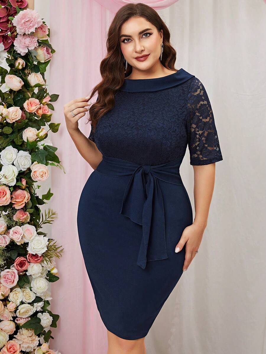 CurvySweet 優雅對比蕾絲裝飾腰帶貼身連身裙 - 藏蓝色 - 查看 1