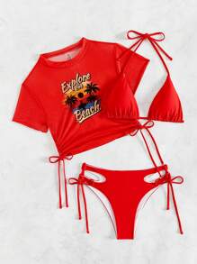 SHEIN Swim Summer Beach Coconut Tree & Letter Pattern Drawstring Side Bikini Set New Year - Red - View 4