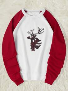 RueChic Men's Sweatshirt With Deer Printing And Drop Shoulder Sleeves - White - View 1