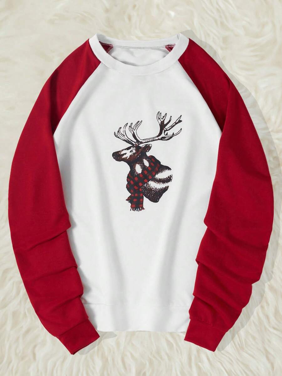 RueChic Men's Sweatshirt With Deer Printing And Drop Shoulder Sleeves - White - View 1