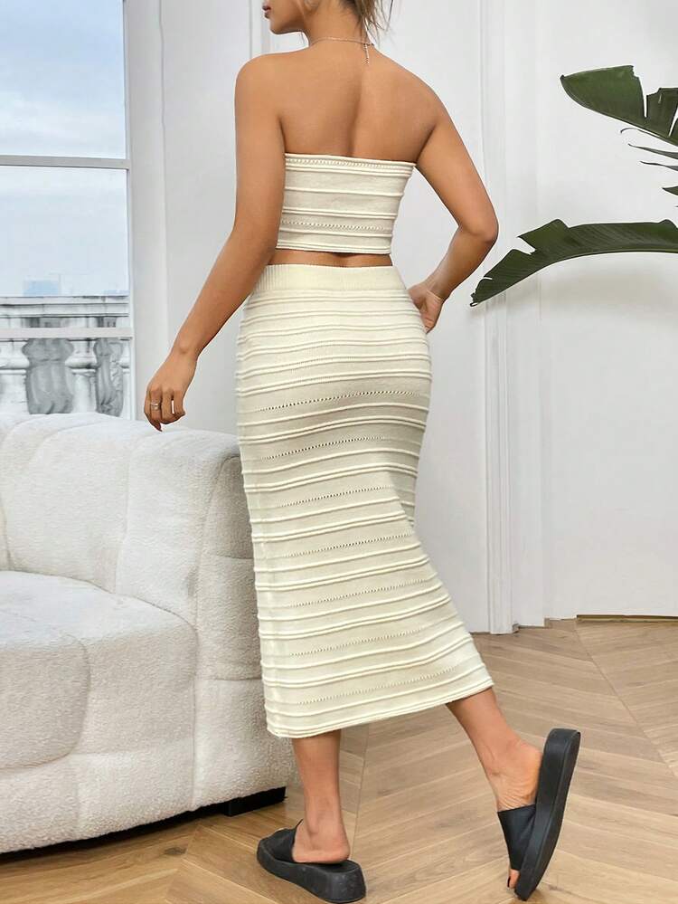 Women's Solid Color Cropped Strapless Knitted Top And Knitted Skirt Set