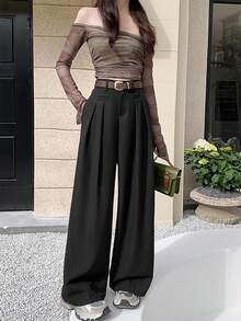 纯色高腰斜口袋西装裤（无腰带） - 黑色 - 查看 4