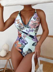 SHEIN Swim Damen Sommer Einteiler Badeanzug mit Blume Muster - Verschiedenfarbig - Übersicht 1
