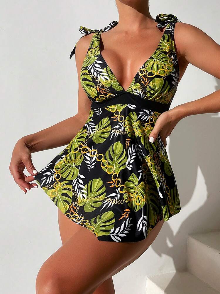 Summer Women's Chain Botanical Print Knot Shoulder Tankini