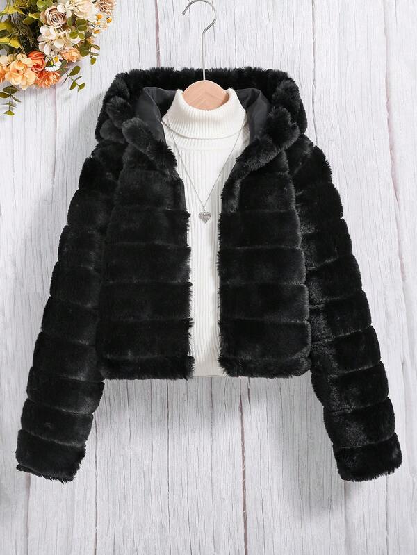 SHEIN Tween Girls' Long Sleeve Fuzzy Hooded Jacket Fall Winter