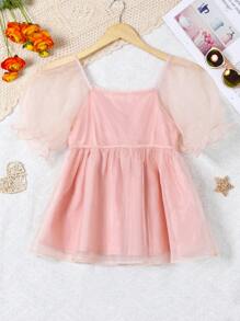 Blusa de manga corta con contraste en malla y volante en el bajo para niña adolescente