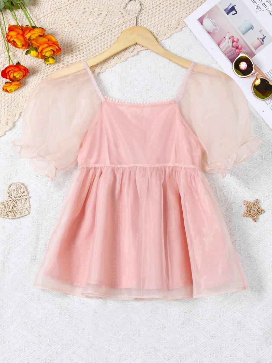 Blusa de manga corta con contraste en malla y volante en el bajo para niña adolescente