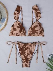 SHEIN Swim Set de bikini cu imprimeu aleatoriu, cu garnitură cu volane de vară - Multicolor - Vizualizare 6
