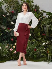 Modelyn Burgundy Red Solid Ruffled Hem Skirt