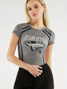 Forever 21 Women's Vintage College High Street Casual Faded Print Short Sleeve T-Shirt - Grey - View 5
