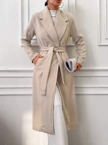 EURMUSE Lapel Neck Slant Pocket Open Front Overcoat - Beige - View 1