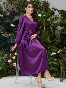 Modelyn 女式實色提花燈籠袖連衣裙 - 紫色 - 查看 5