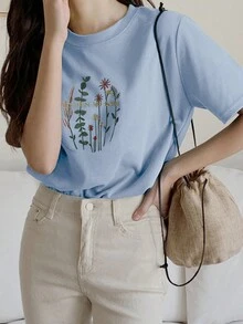 DAZY 花卉印花 T 恤 无付出，无收获 - 霧霾藍 - 查看 5