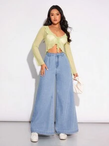 SHEIN Privé Solid Color Wide Leg Denim Pants - Light Wash - View 5