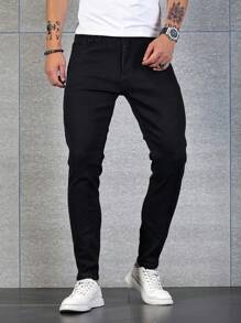 Manfinity Homme Men Summer Classical Versatile Jeans, Cotton Solid Black Wash Skinny Jeans,For Husband,Boyfriend Gifts - Black - View 6