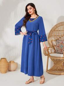 Al Najma Flower Print Flared Sleeve Arabian Dress - Multicolor - View 3
