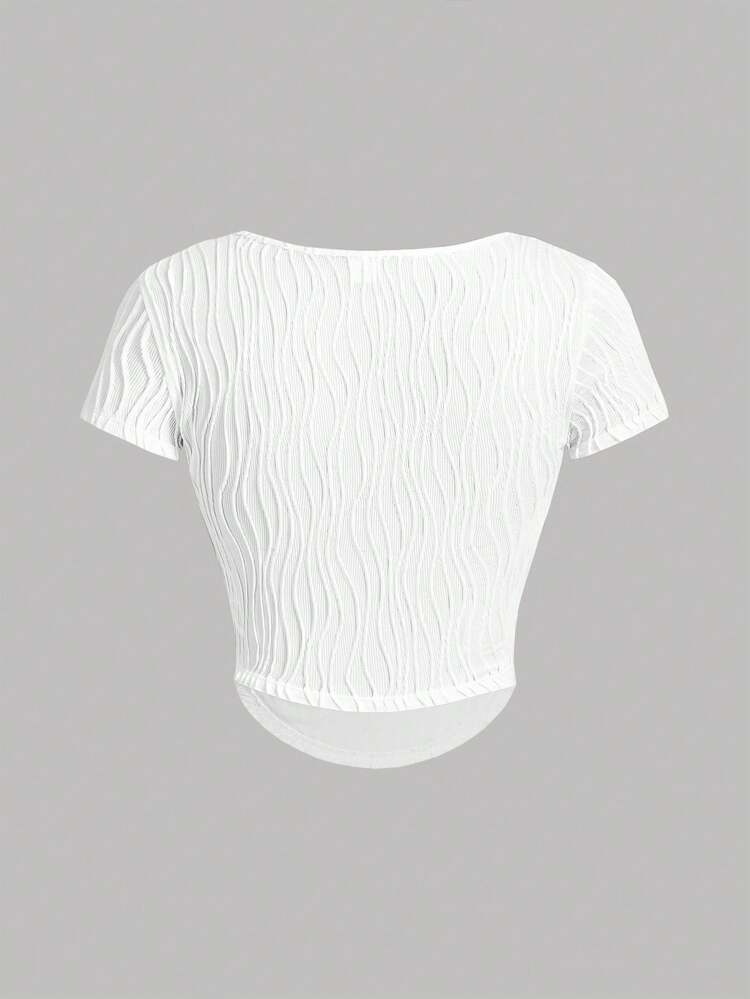 Teenage Girls' Knitted Jacquard U-Neck Casual Short Sleeve T-Shirt