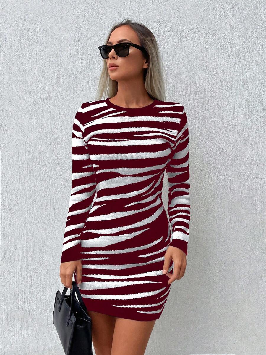 EURMUSE Zebra Striped Pattern Bodycon Sweater Dress - Burgundy - View 1