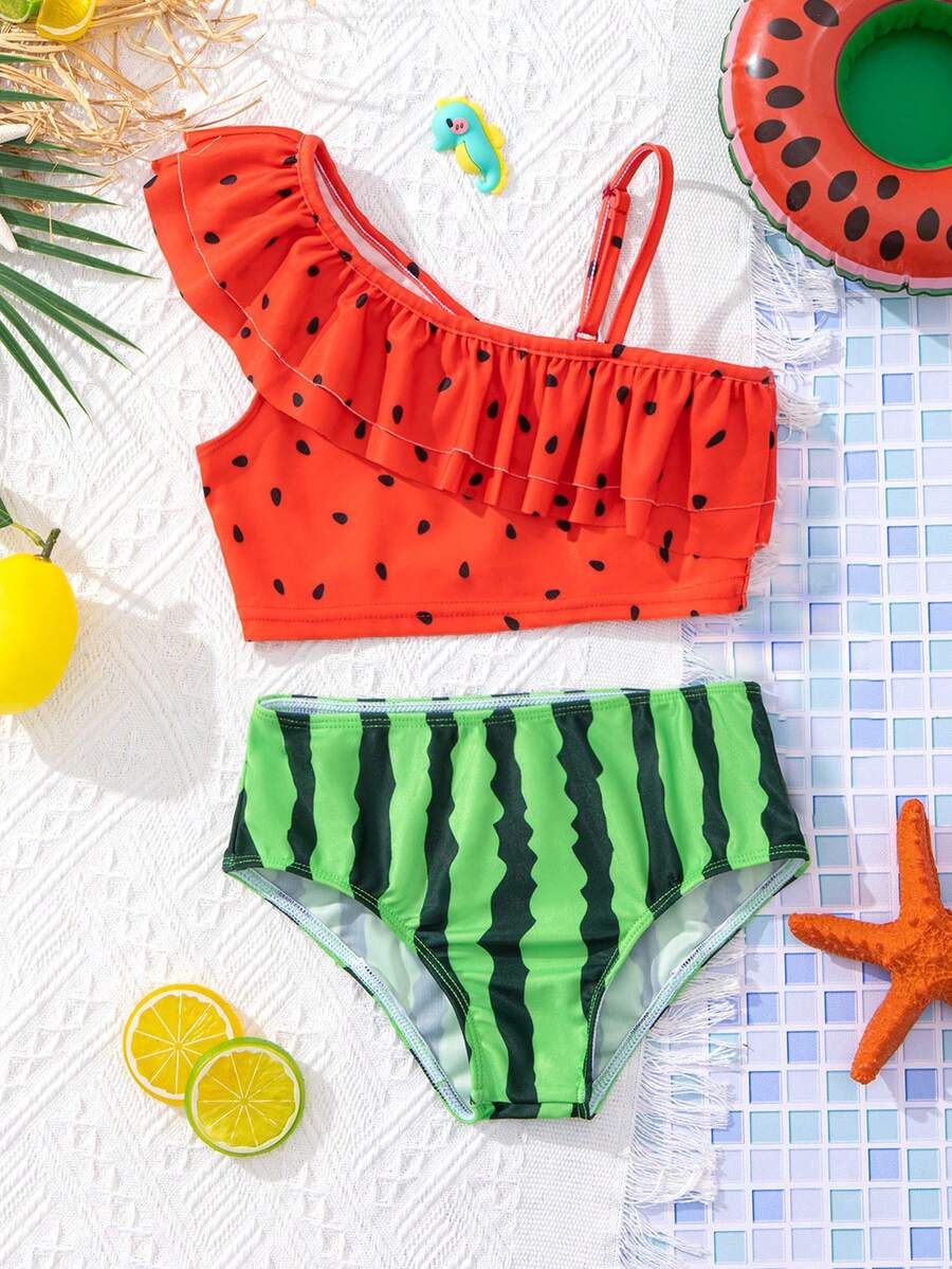 SHEIN Young Girl Watermelon Element Printed One Shoulder Cami Ruffle Top And Triangle Bottom Bikini Set Bikini Set Summer Beach - Red - View 1