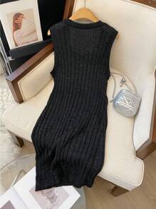 Calvaya Kích thước lớn Của phụ nữ Không tay Đầm Áo len Với nút Trang trí - màu đen - Xem 2