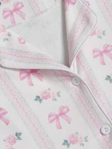 ROMWE Kawaii Himekaji Bowknot Print Long Sleeve Shirt And Pants Pajama Set, School - Multicolor - View 4