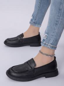 女士黑色英倫風格復古拼接皮革圓頭平底懶人鞋 - 黑色 - 查看 7