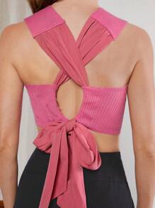 L'Amorae Solid Crisscross Tie Back Ribbed Knit Crop Top - Hot Pink - View 5