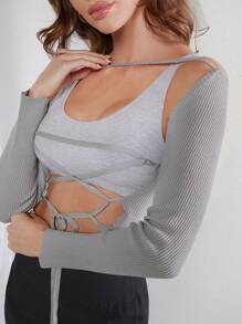 Hauture Lace Up Tie Ribbed Knit Shrug Top - Grey - View 5