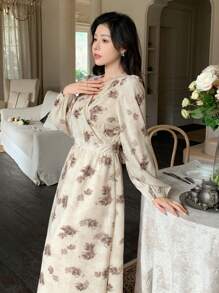 DAZY Vestido midi de mujer con cuello en V, manga larga, estampado de flores, mangas abullonadas y cintura recogida, ropa de otoño con estampado floral - Multicolor - Ver 6