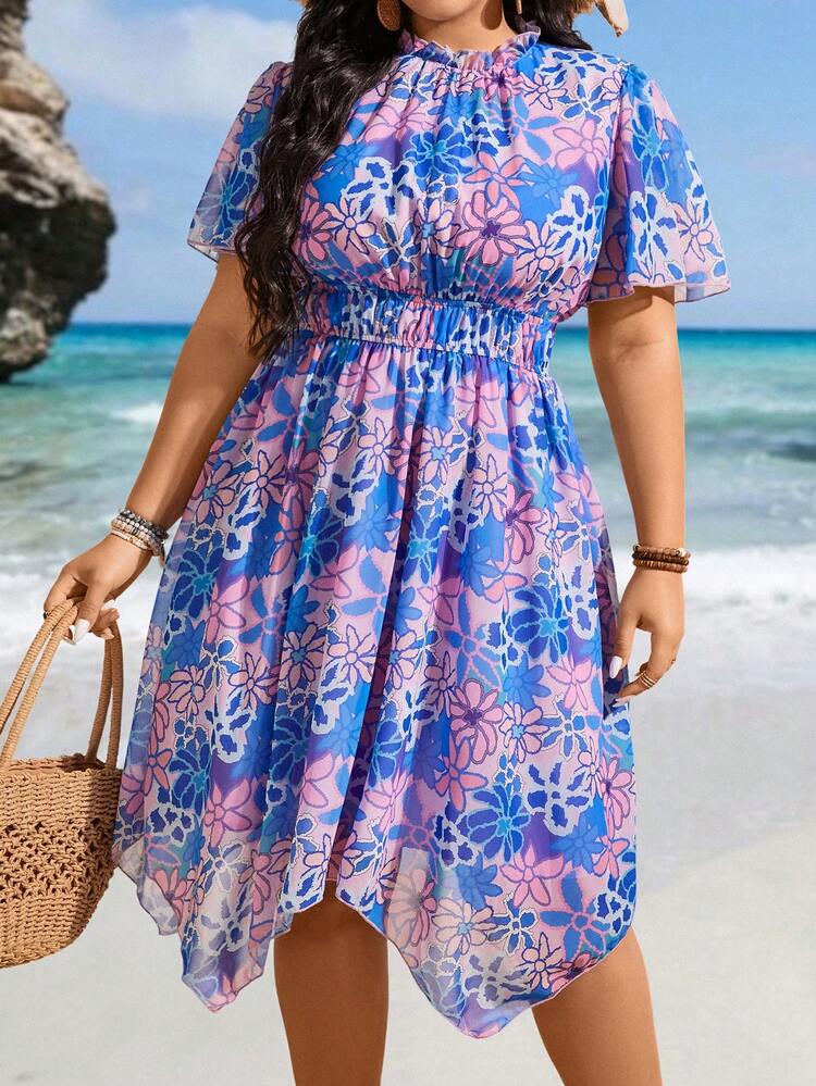 Plus Size Women's Floral Printed Waist Cinched Dress