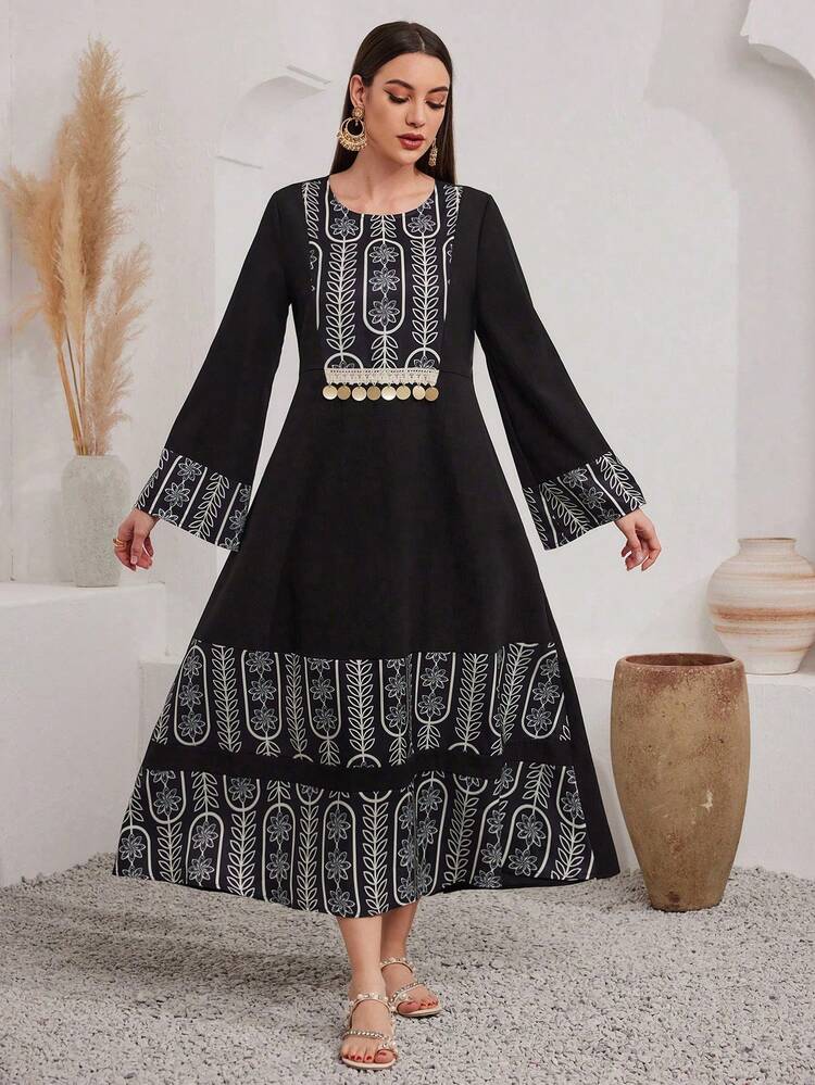 Women's Floral Print & Sequin Patchwork Modest Arabic Style Jalabiya Dress