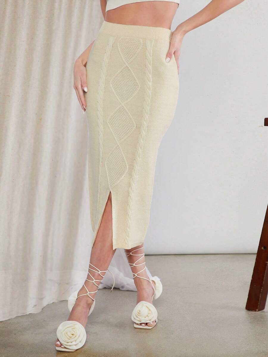 L'Amorae High Waist Split Hem Cable Knit Sweater Skirt - Khaki - View 1