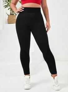 Easithlete Plus Solid Tummy Control Sports Leggings - Black - View 3