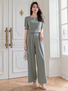 DAZY Của phụ nữ Ống tay áo Áo Và Lỏng lẻo Quần Hai chiếc Bộ - Màu xanh Bạc hà - Xem 5