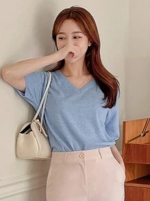 DAZY Áo len dệt kim nhẹ cổ chữ V tay ngắn màu trơn dành cho nữ, trang phục thường ngày công sở mùa hè thu - Màu xanh lam - Xem 8