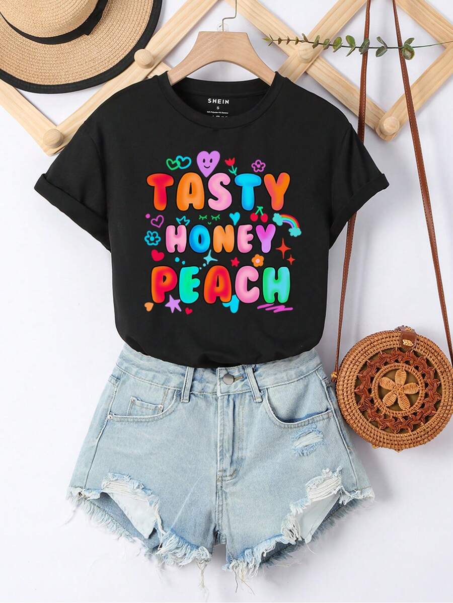 SHEIN EZwear Của phụ nữ Slogan Và Hoạt hình In Ngắn tay Áo thun - màu đen - Xem 1