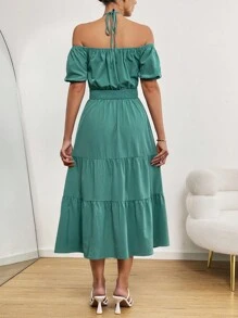 Chiquease Vestido Corto De Manga Corta Con Cuello Cruzado Y Cuello Halter - Azul - Ver 2